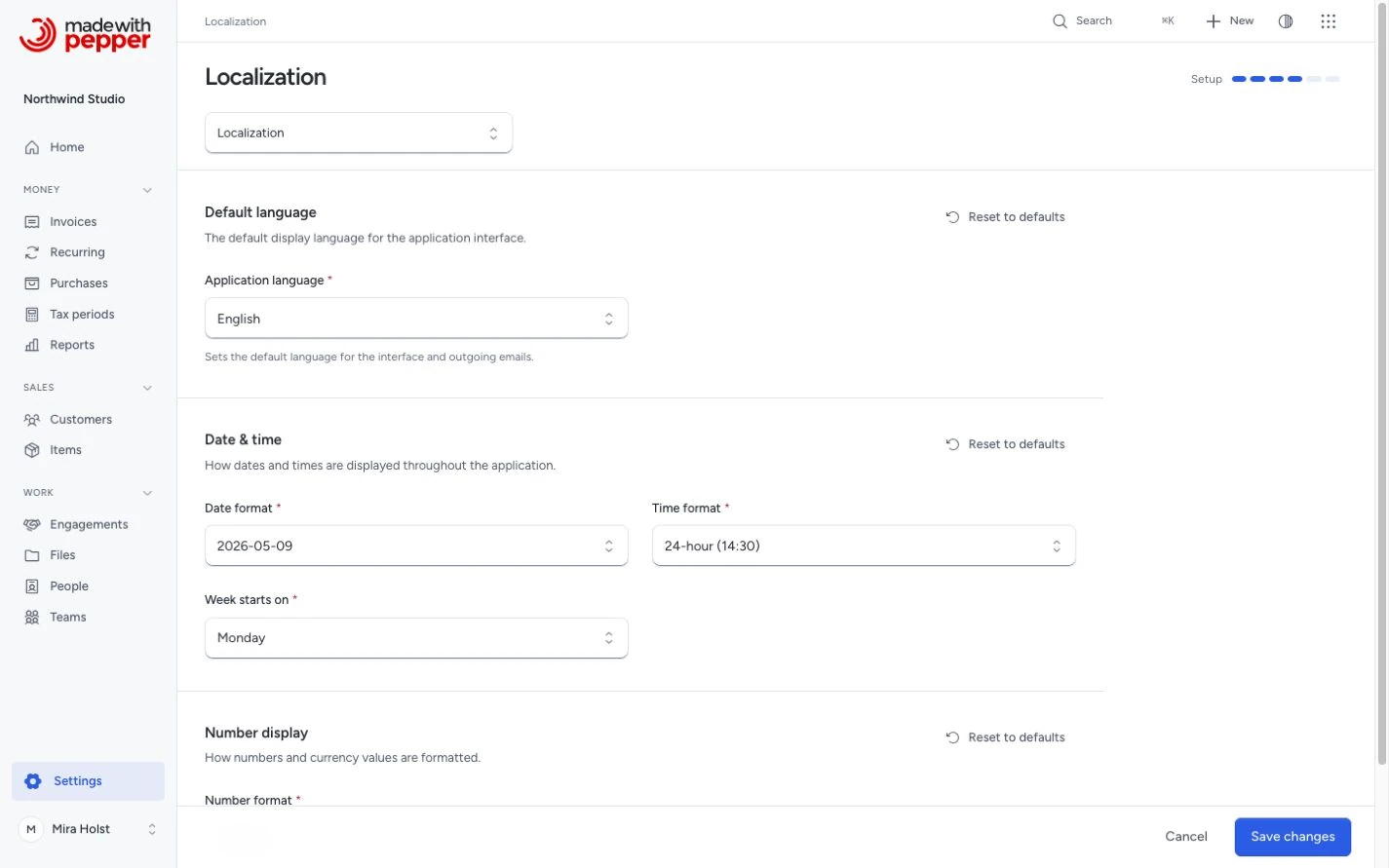 Localization settings with language, number format and date format