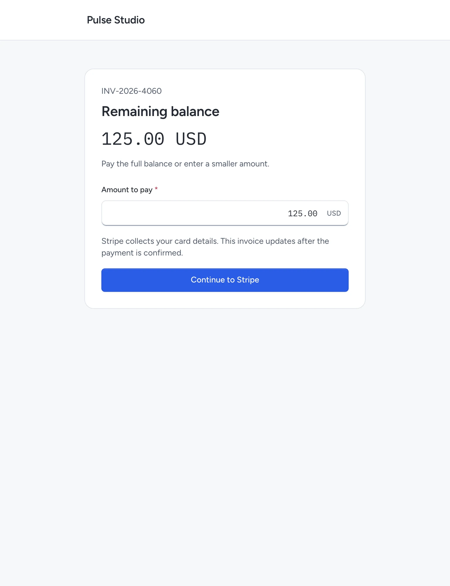 An invoice payment page showing a US dollar balance and the amount to pay.