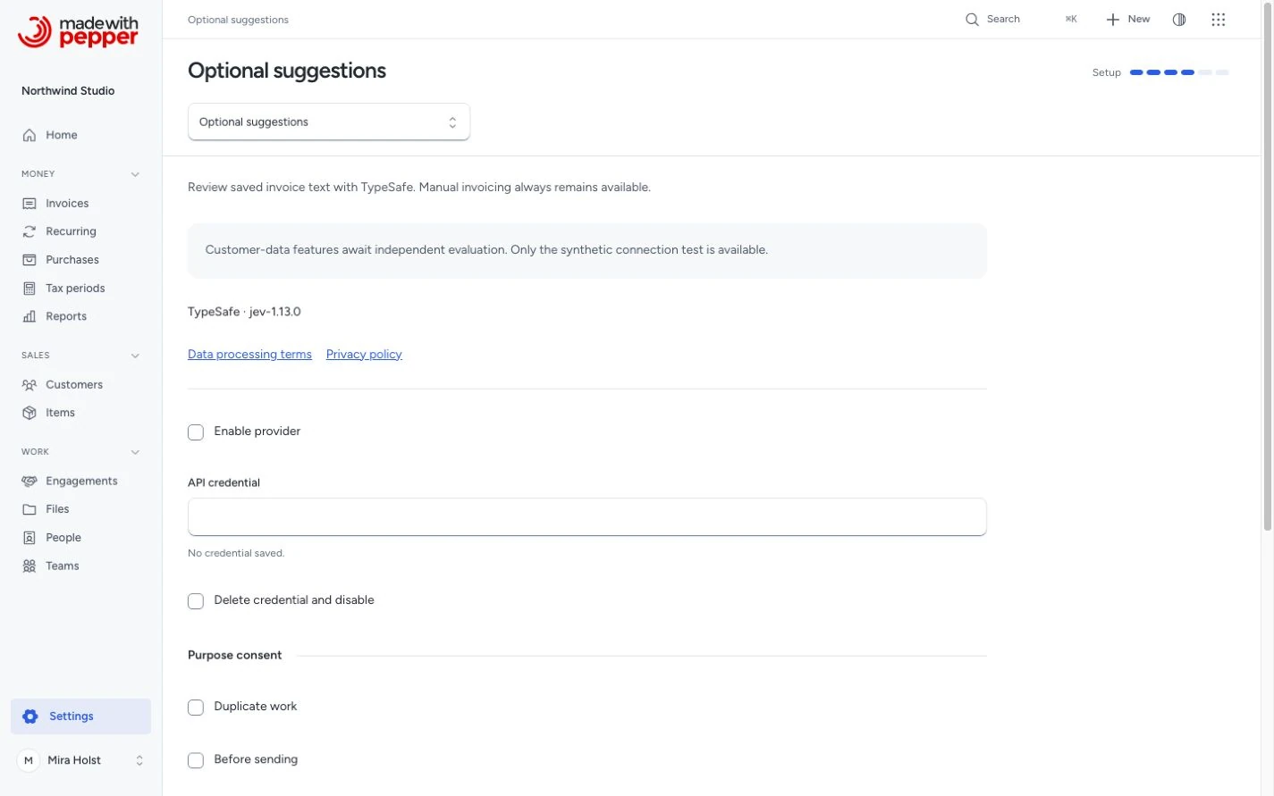 Owner controls for the optional provider, purpose consent and usage limits