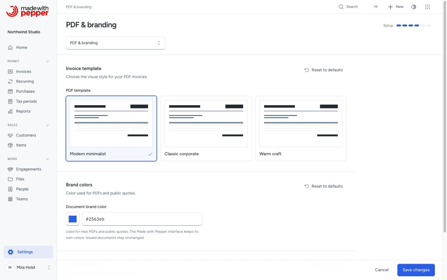 PDF and branding settings with three distinct template choices and document brand color