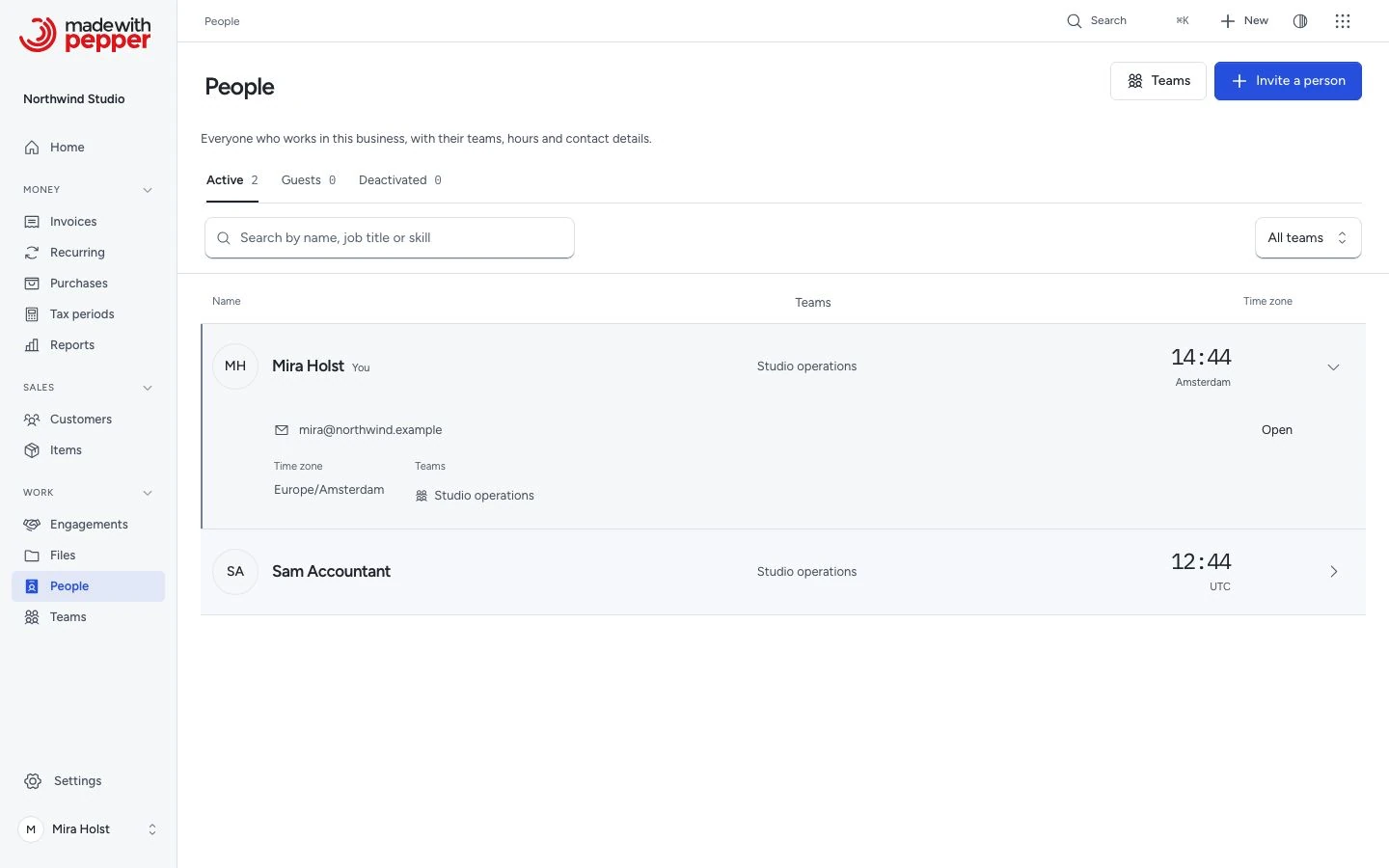 People directory with team filters, local time and contact details