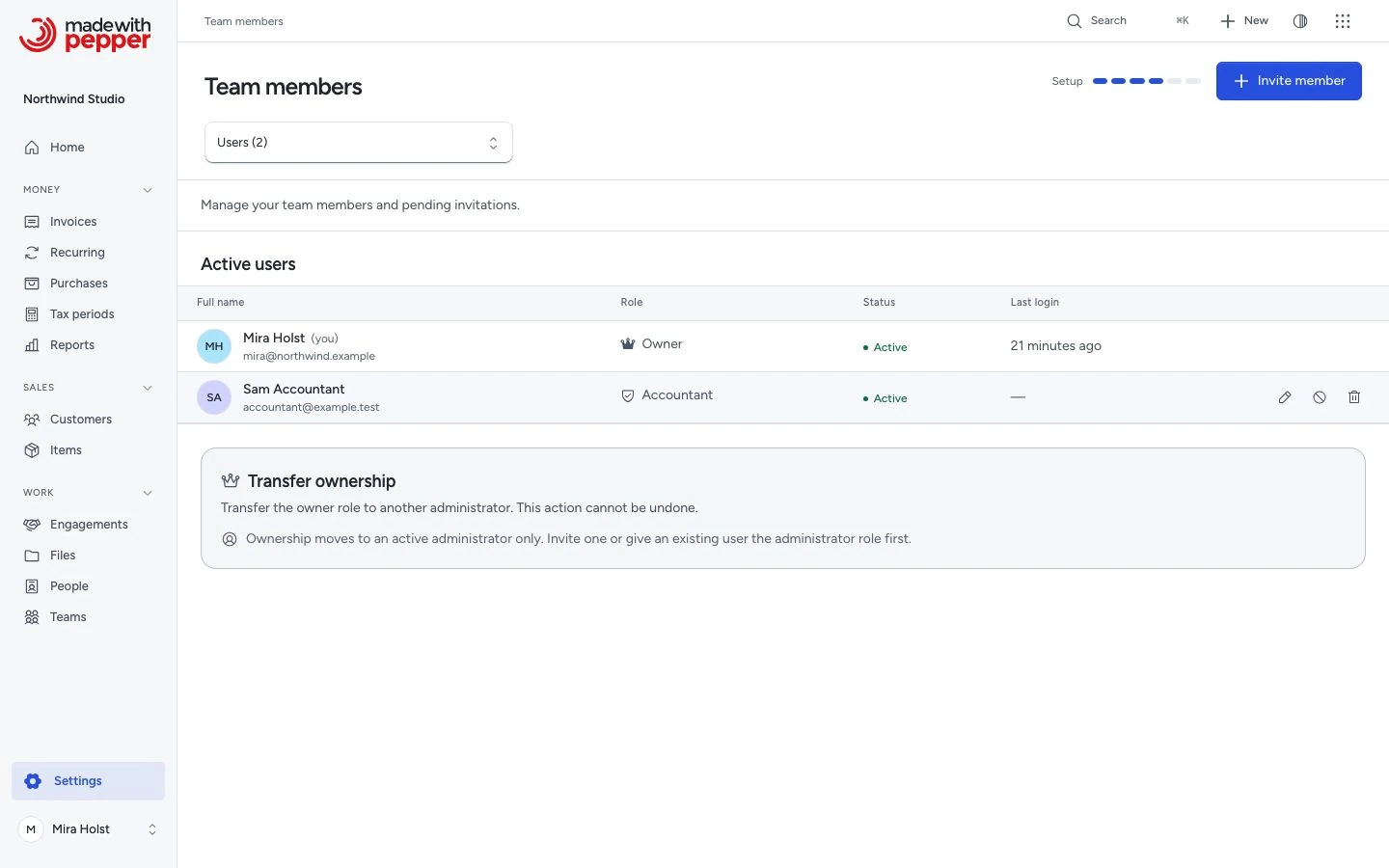 Team members in Settings > Users, with owner and invitation controls