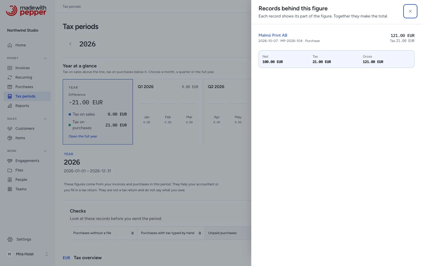 Records behind a period check with net, tax and gross totals