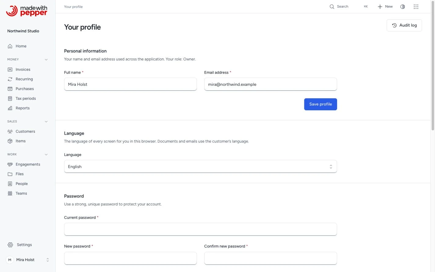 Profile page with personal information, language and sign-in security