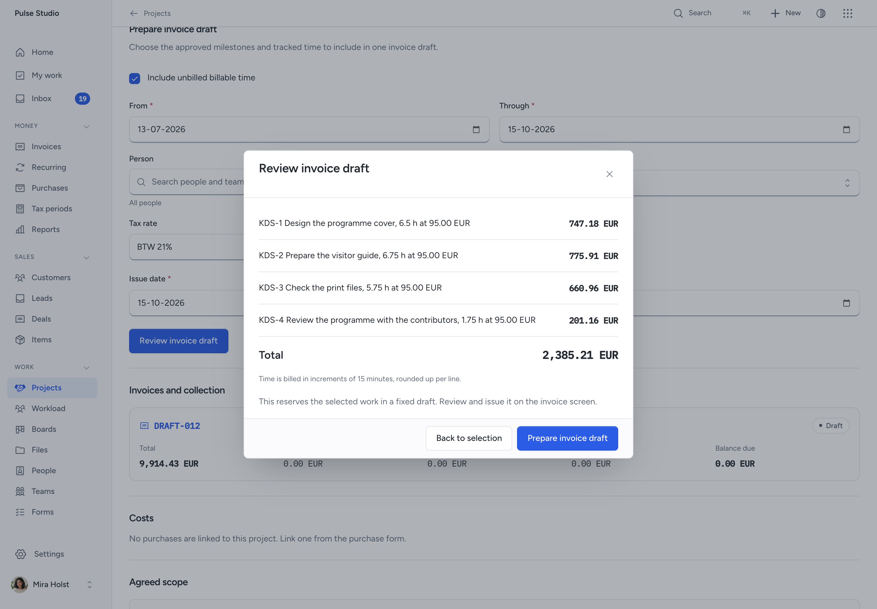 Invoice draft review for Kindred with grouped time, exact hourly quantities, rates and totals.