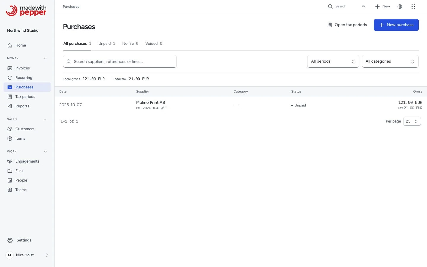 Purchase register with status tabs and supplier records