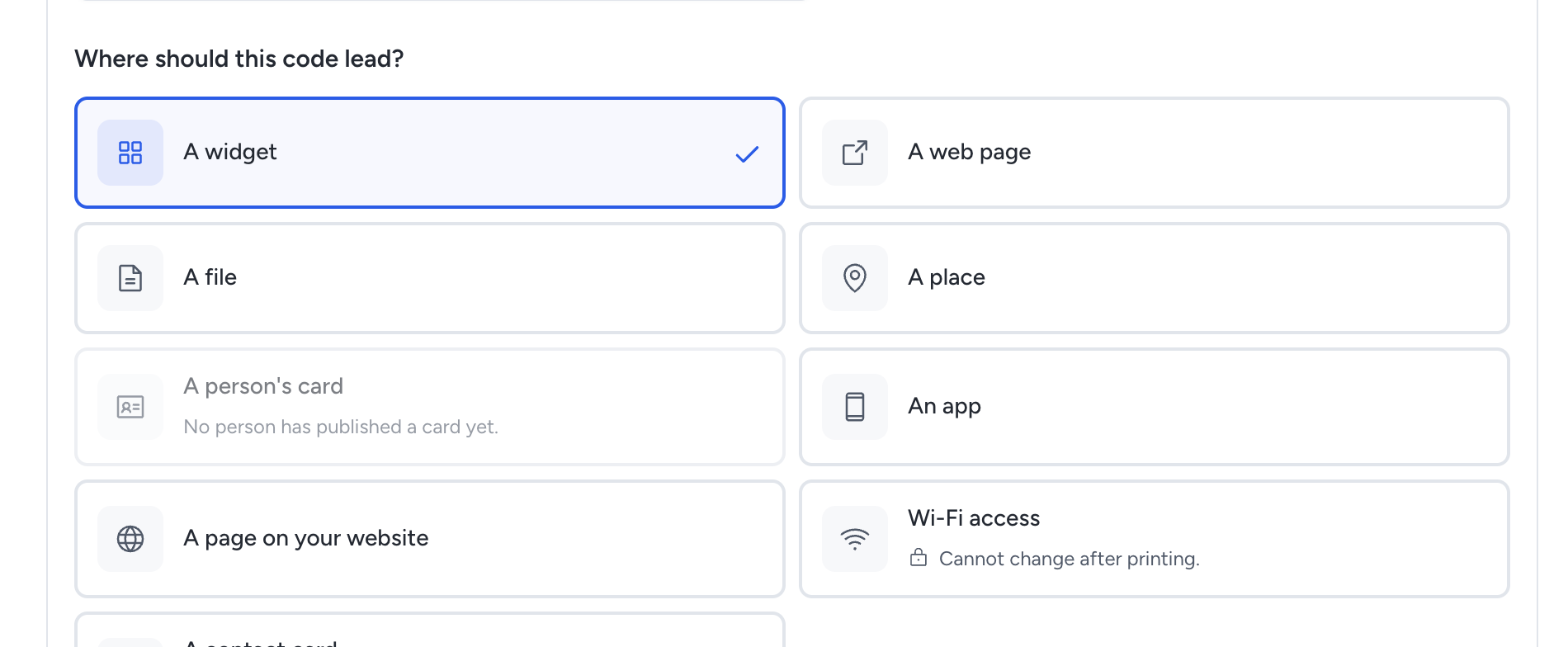 The code form with every destination: a widget, a web page, a file, a place, a person’s card, an app, a website page, Wi-Fi access and a contact card