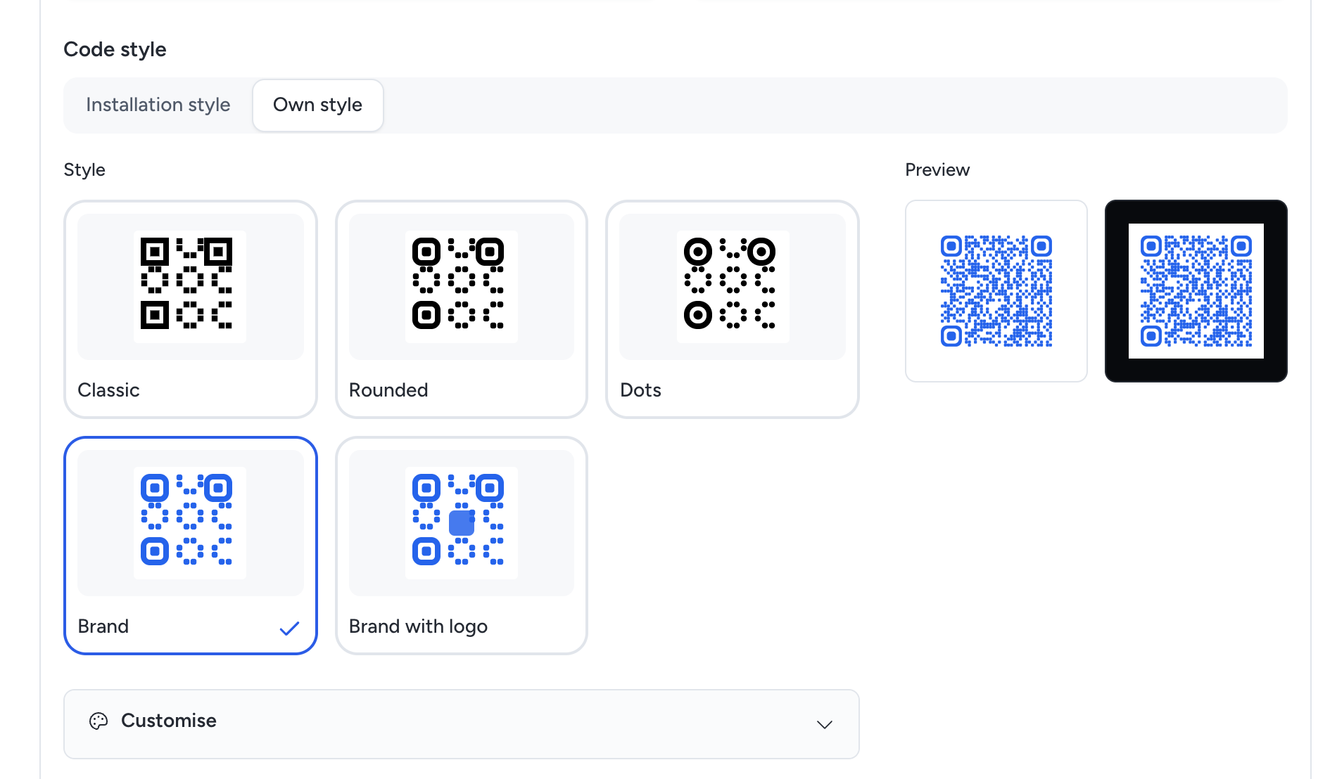 Own style for one code, with Classic, Rounded, Dots, Brand and Brand with logo, and a light and dark preview