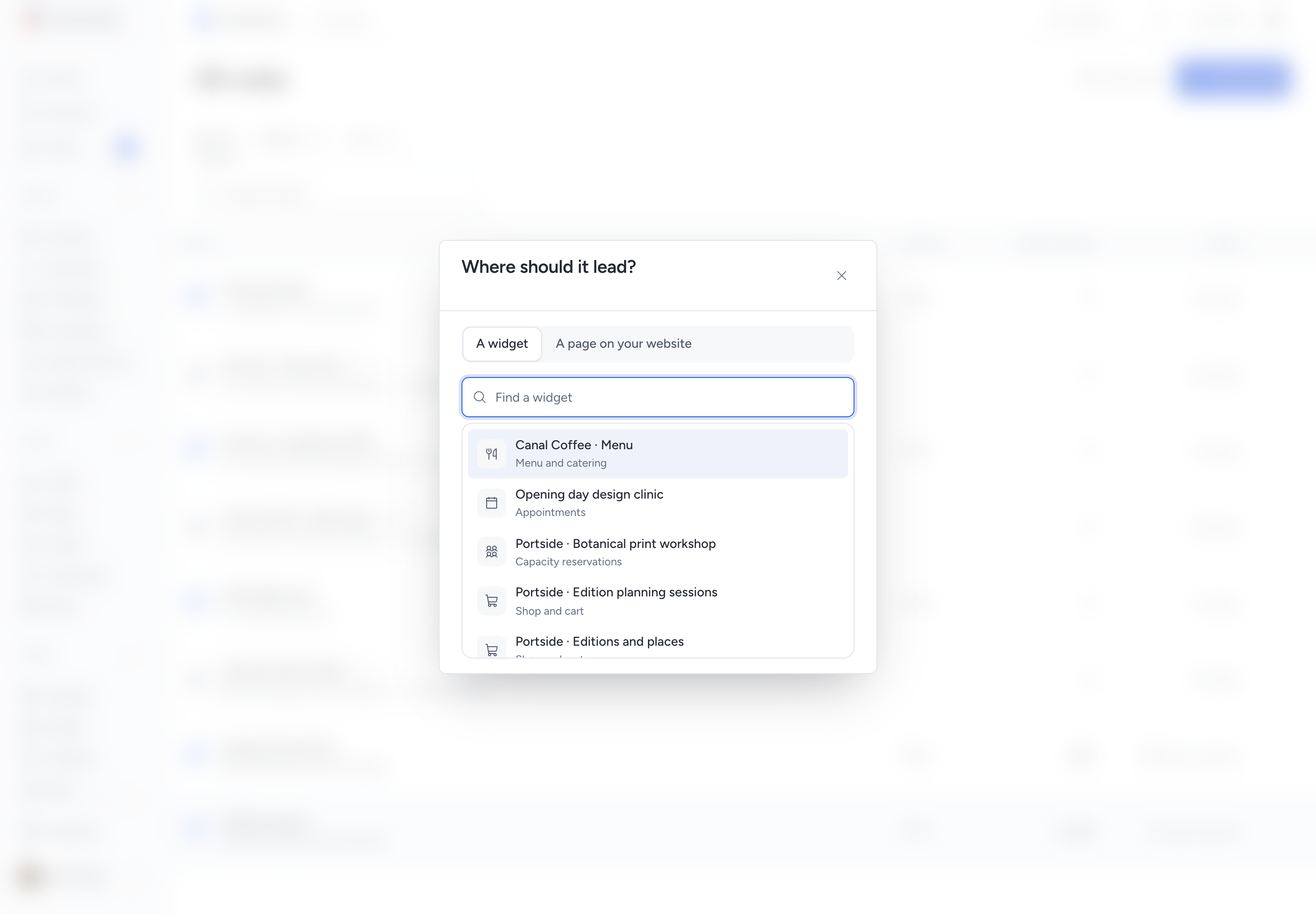 The Where should it lead? dialog with A widget and A page on your website, listing published widgets to choose from