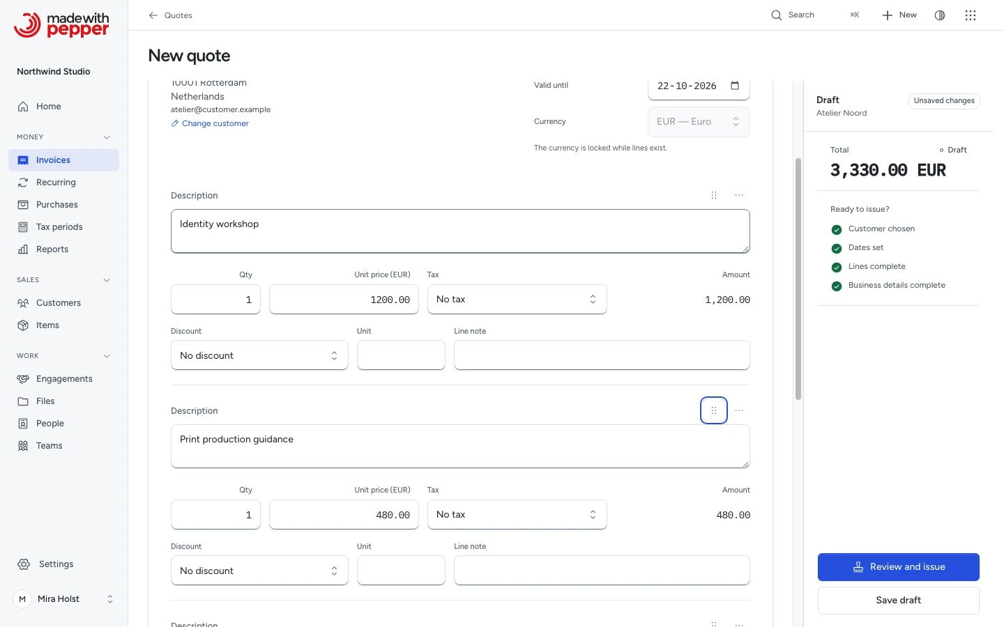 Unsaved quote draft with numbered move controls and a changed line order