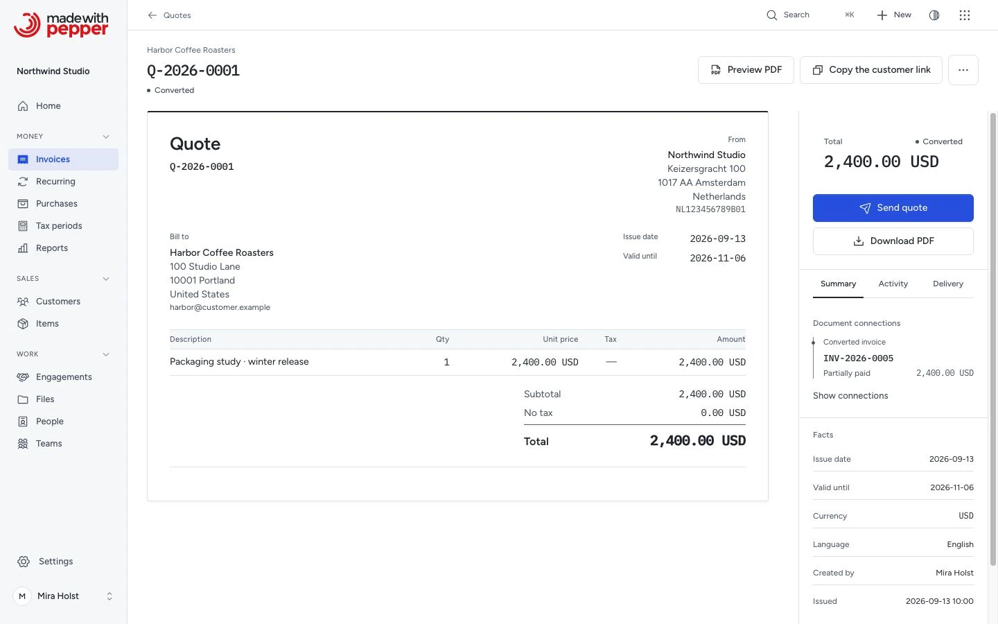 Quote with its saved total and converted invoice link
