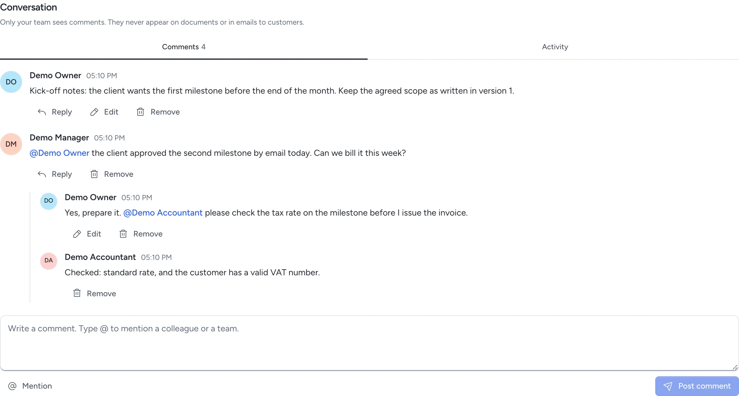 A project conversation with a mention, replies and the comment field