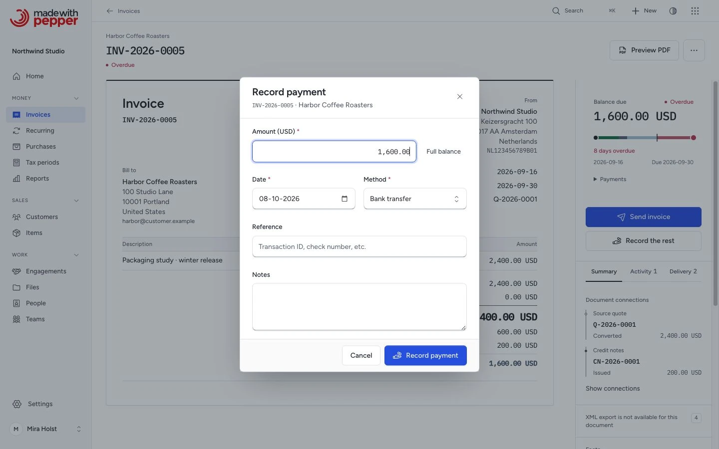 Record payment dialog with the remaining balance and amount field