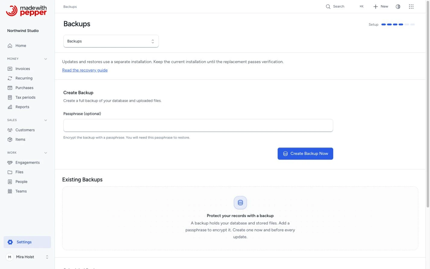 Backups page with encrypted download and schedule controls