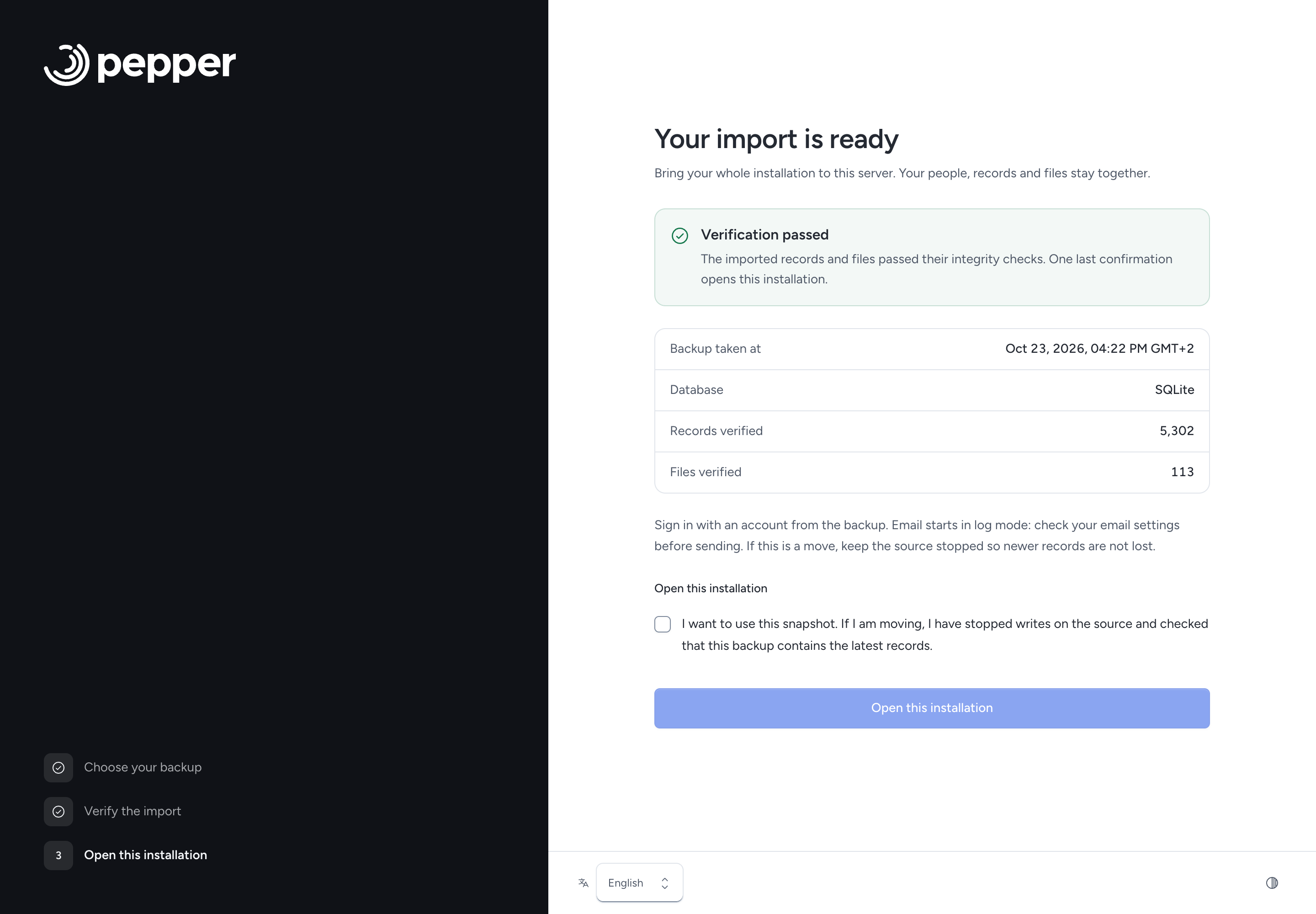 Verified import with snapshot, record and file counts before activation