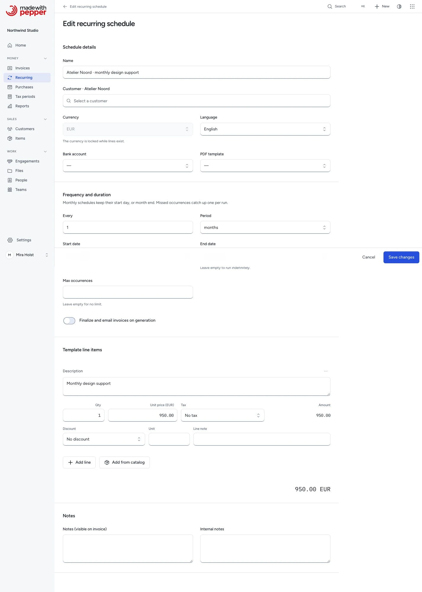 Monthly recurring schedule with its dates and saved lines