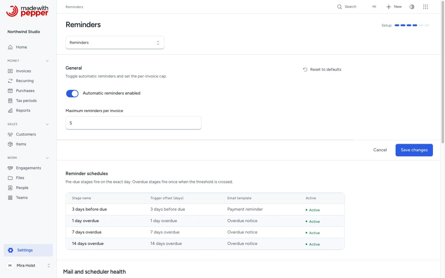 Reminder settings with limits and scheduler health