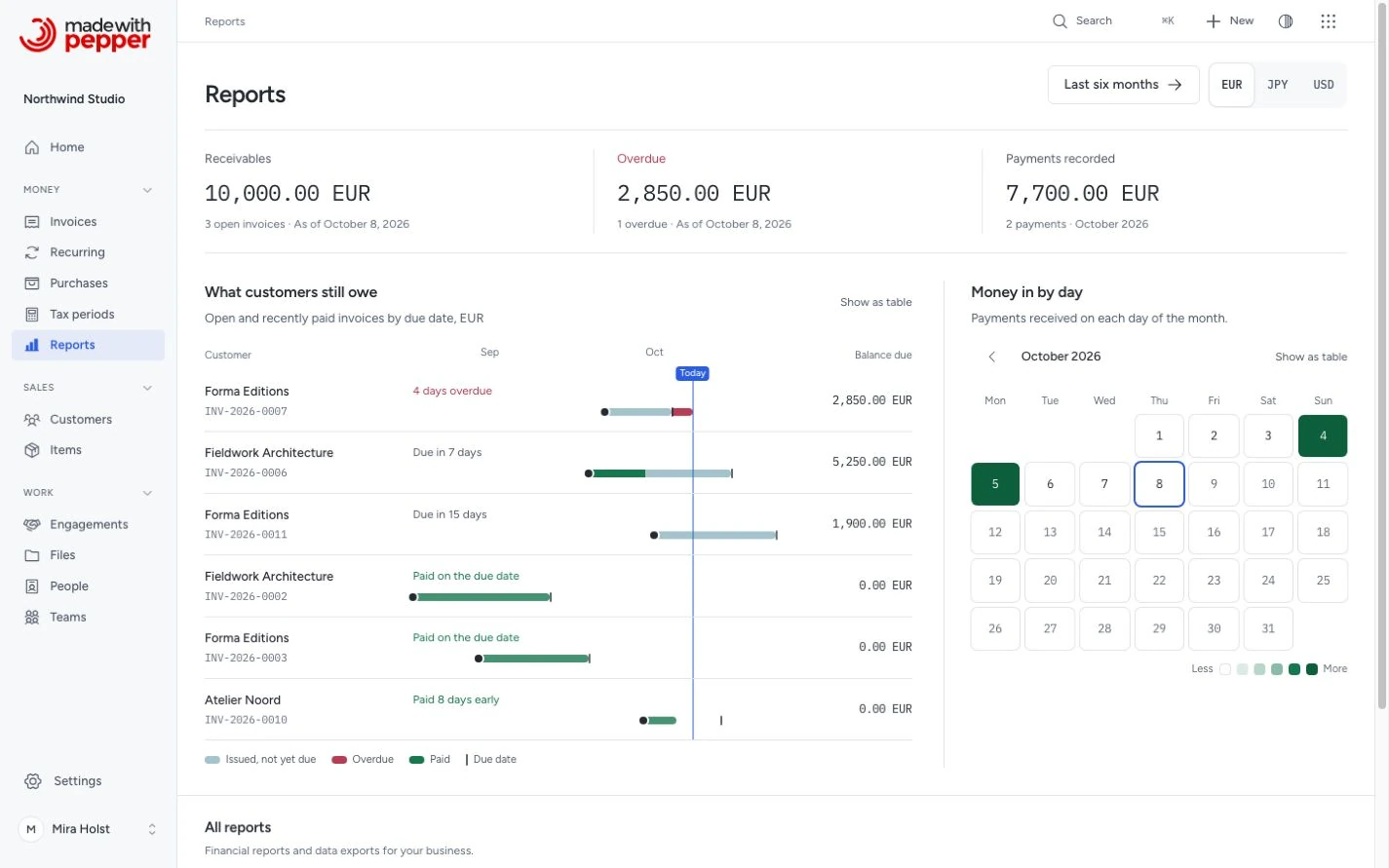 Reports with period controls and financial analysis