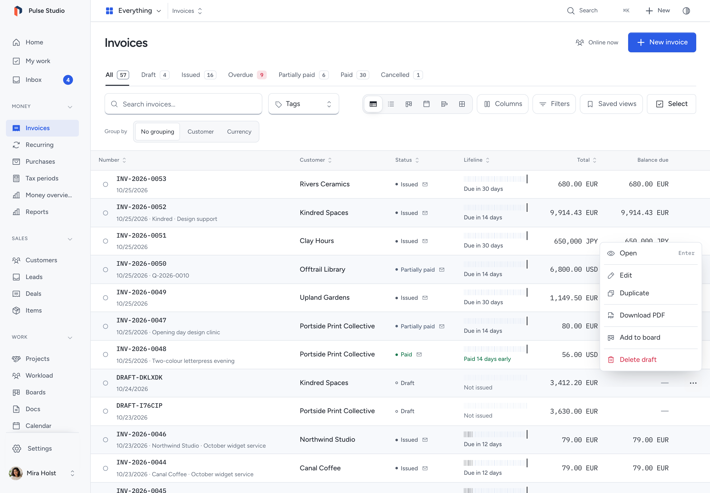 The invoice register with the menu of a draft invoice open: Open, Edit, Duplicate, Download PDF, Add to board and Delete draft.