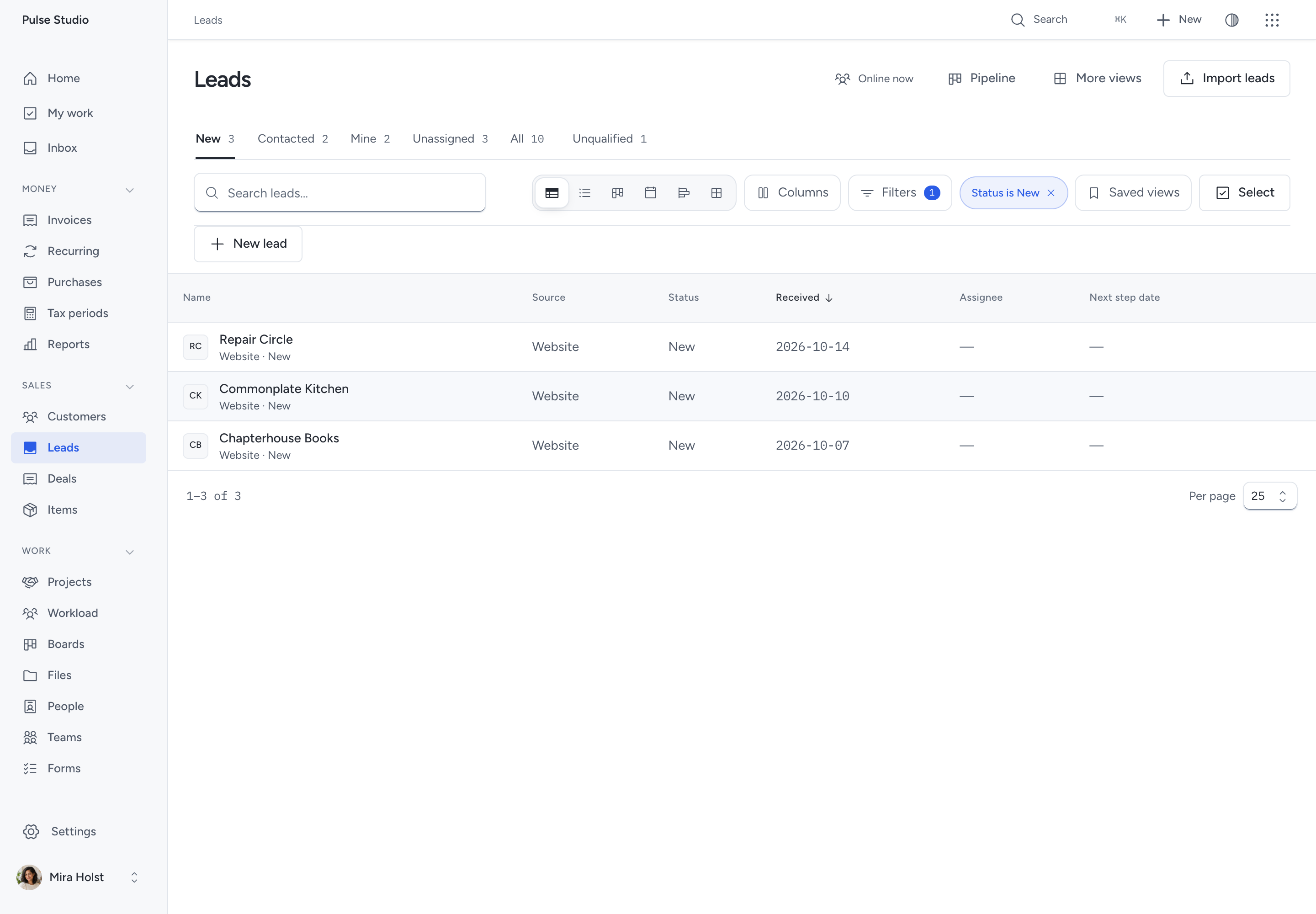 The leads inbox with the quick-add field, the New working set and a row for each enquiry with its source, age, assignee and next step