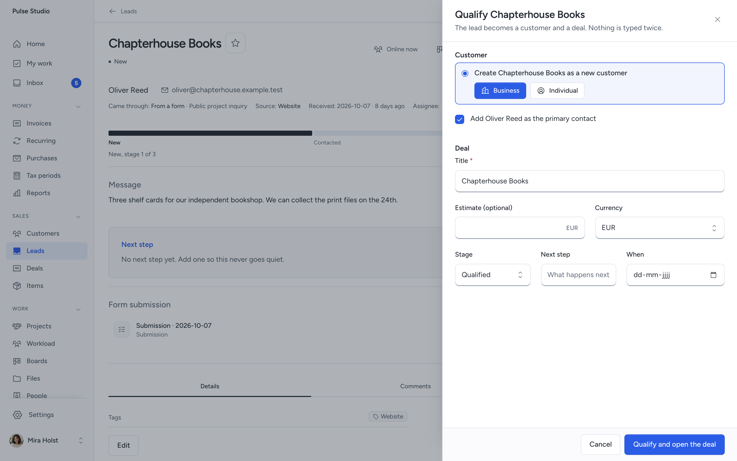 The qualify sheet with a matched customer, the create option and the deal fields