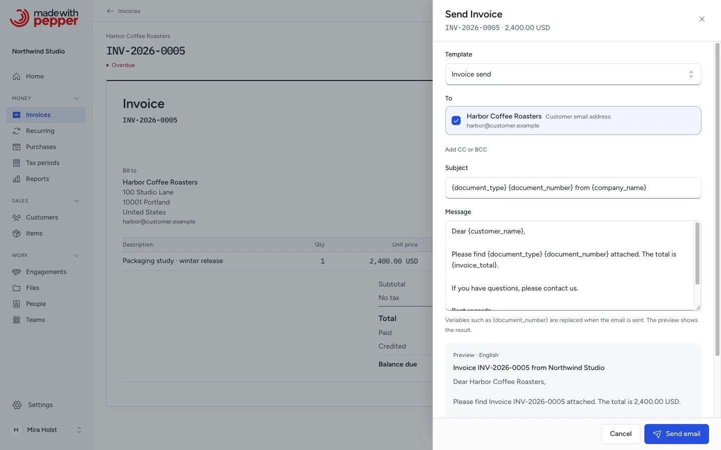Send invoice dialog with recipient and message controls