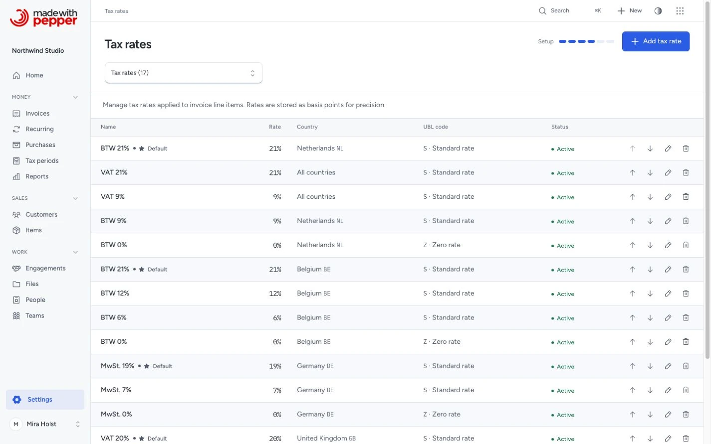 Tax rate list with rate and category columns