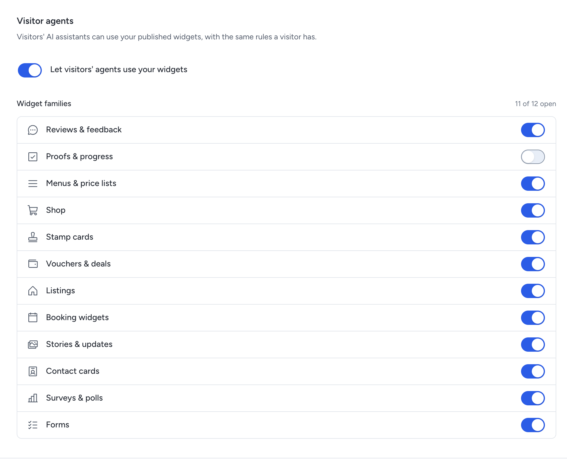 Visitor agents in widget settings, with the main switch, one switch per widget family and 11 of 12 families open