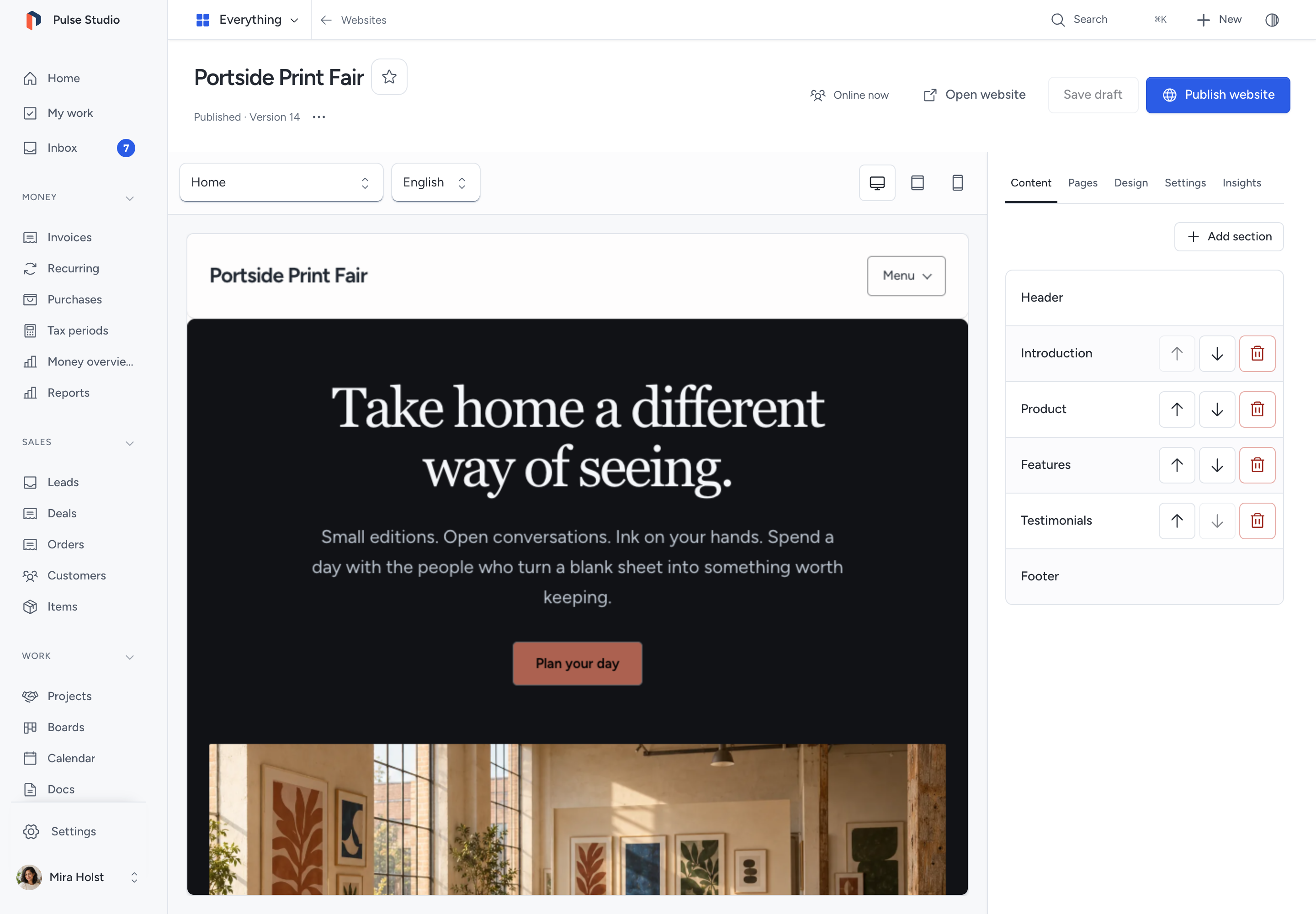 Website editor with the content list and the Portside Print Fair preview