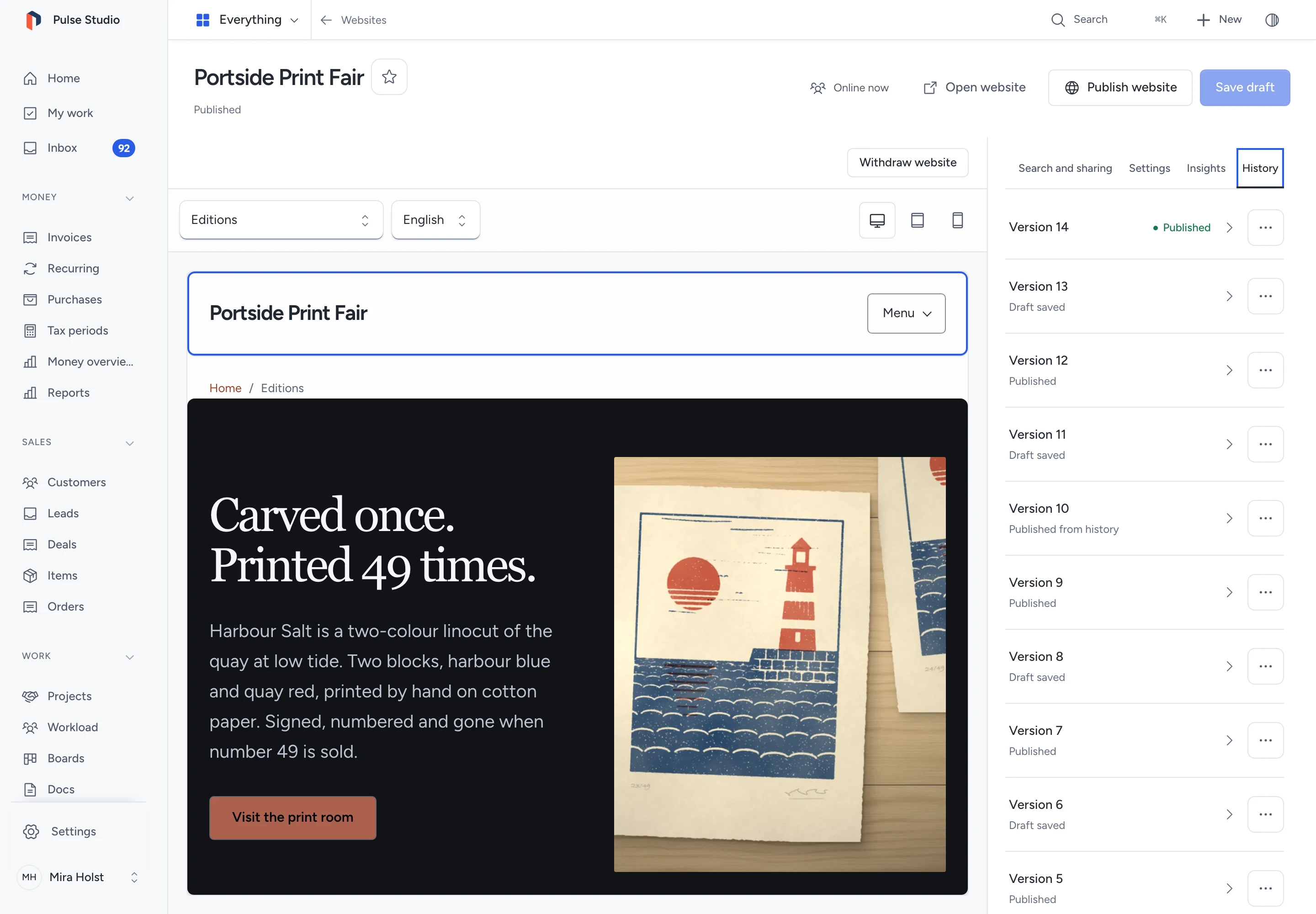Website history with saved versions beside the selected Portside header and Editions preview