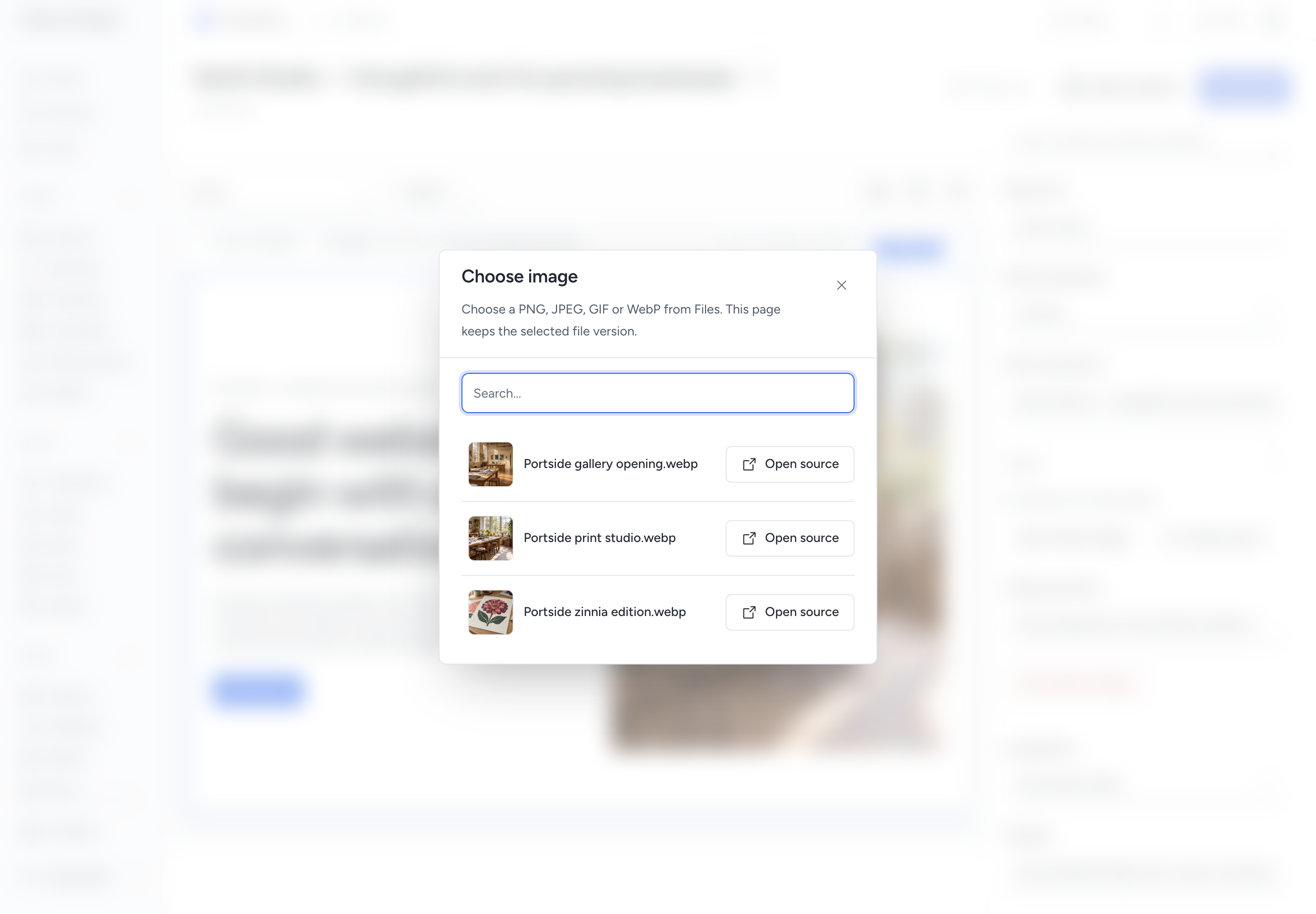 Website image chooser with searchable thumbnails and a separate Open source action beside each file