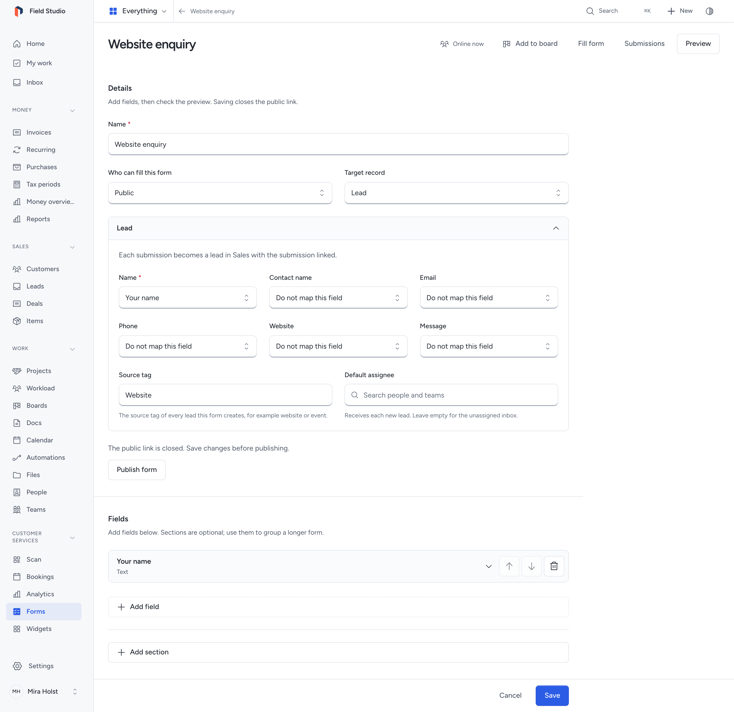 A lead form with aligned source and assignee controls.