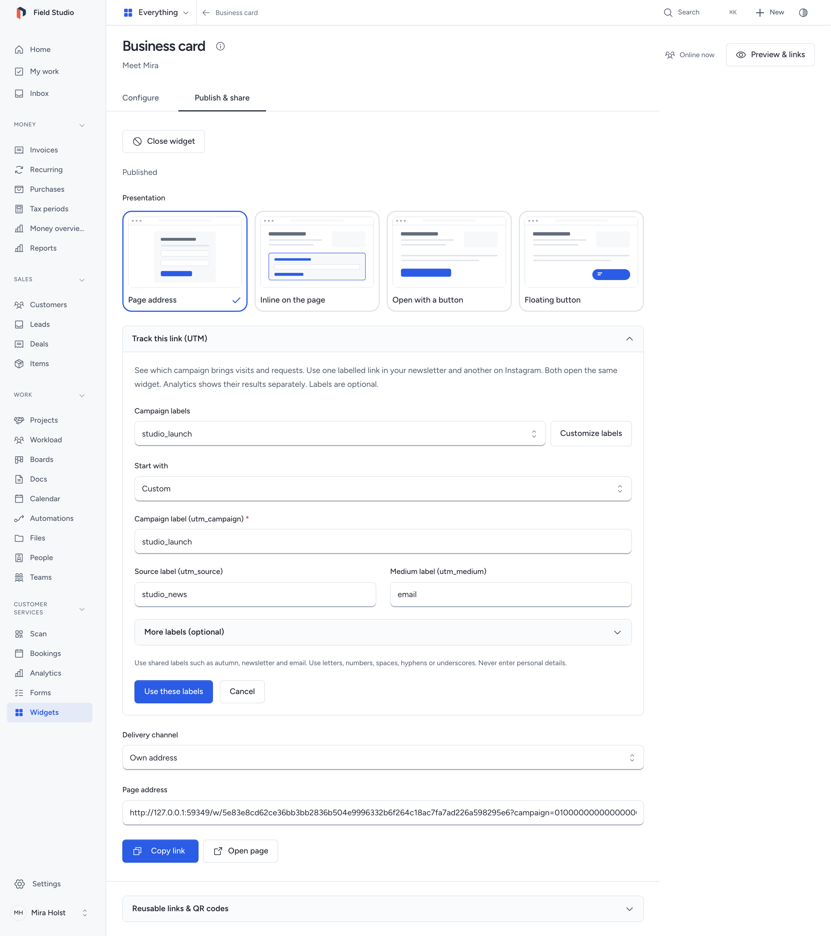 The optional UTM builder with editable campaign, source and medium labels.