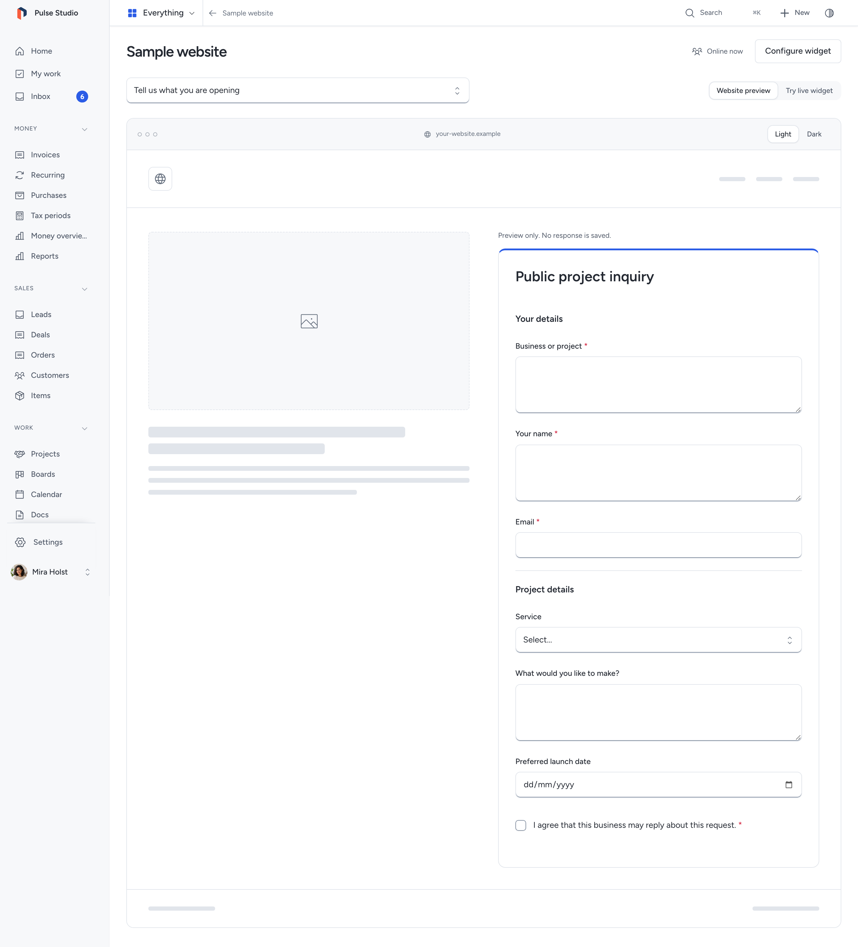Neutral website preview with a stamp card and light and dark appearance controls
