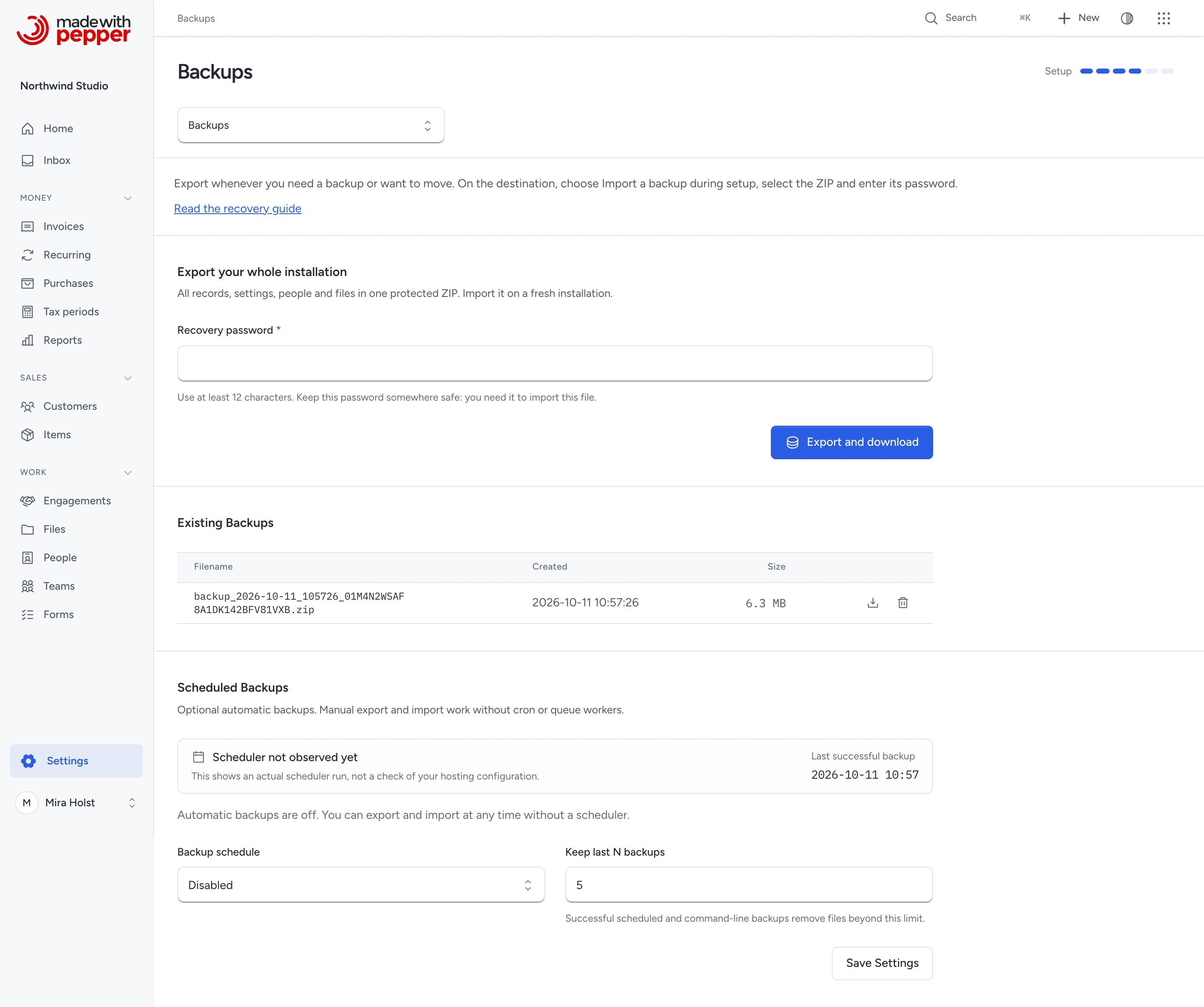 Settings > Backups in Pepper: the Export your whole installation form with an empty recovery-password field, one existing backup with download and delete actions, and the scheduled backup settings.