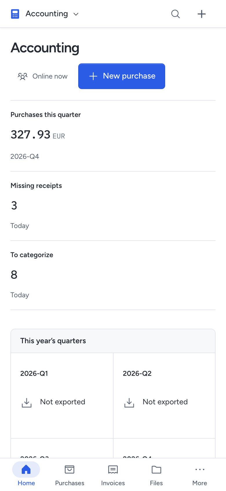The Accounting desk on a phone, with its purchase figures and the Purchases, Invoices and Files pages.
