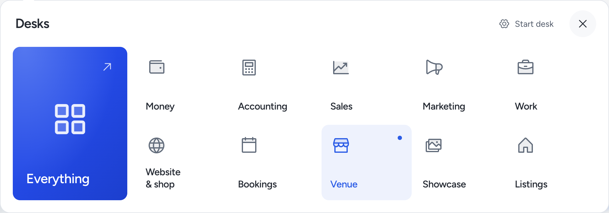 The Pepper desk menu with Everything, Money, Accounting, Sales, Marketing, Work, Website & shop, Bookings, Venue, Showcase and Listings.