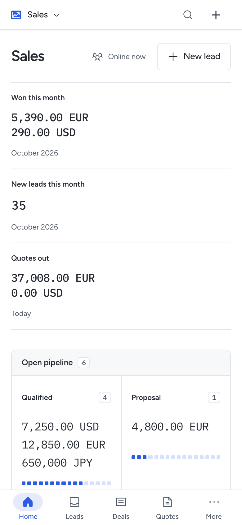 The Sales desk on a phone, with its pipeline figures and the Leads, Deals and Quotes pages.