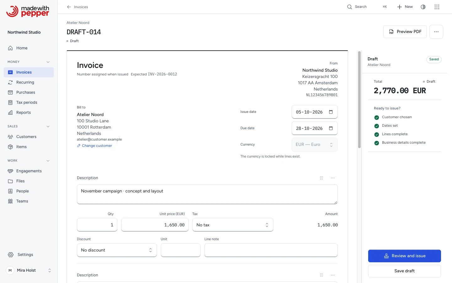 A Pepper invoice draft with a customer, document details, line descriptions and quantities, and totals beside the work.