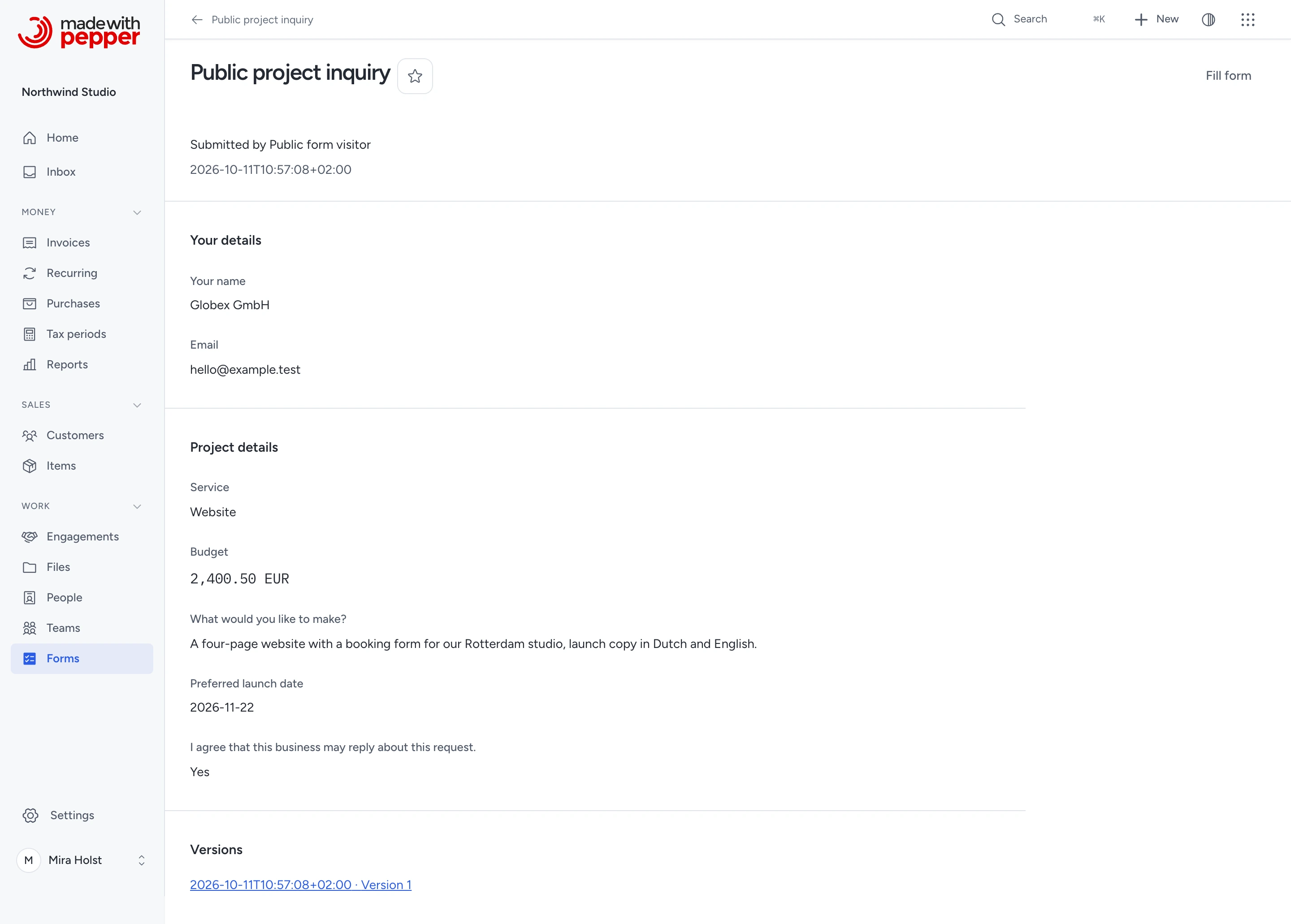 An enquiry as a response record in Pepper: the sender’s name, email, service, budget of 2,400.50 EUR, brief, preferred launch date 2026-11-22 and consent.