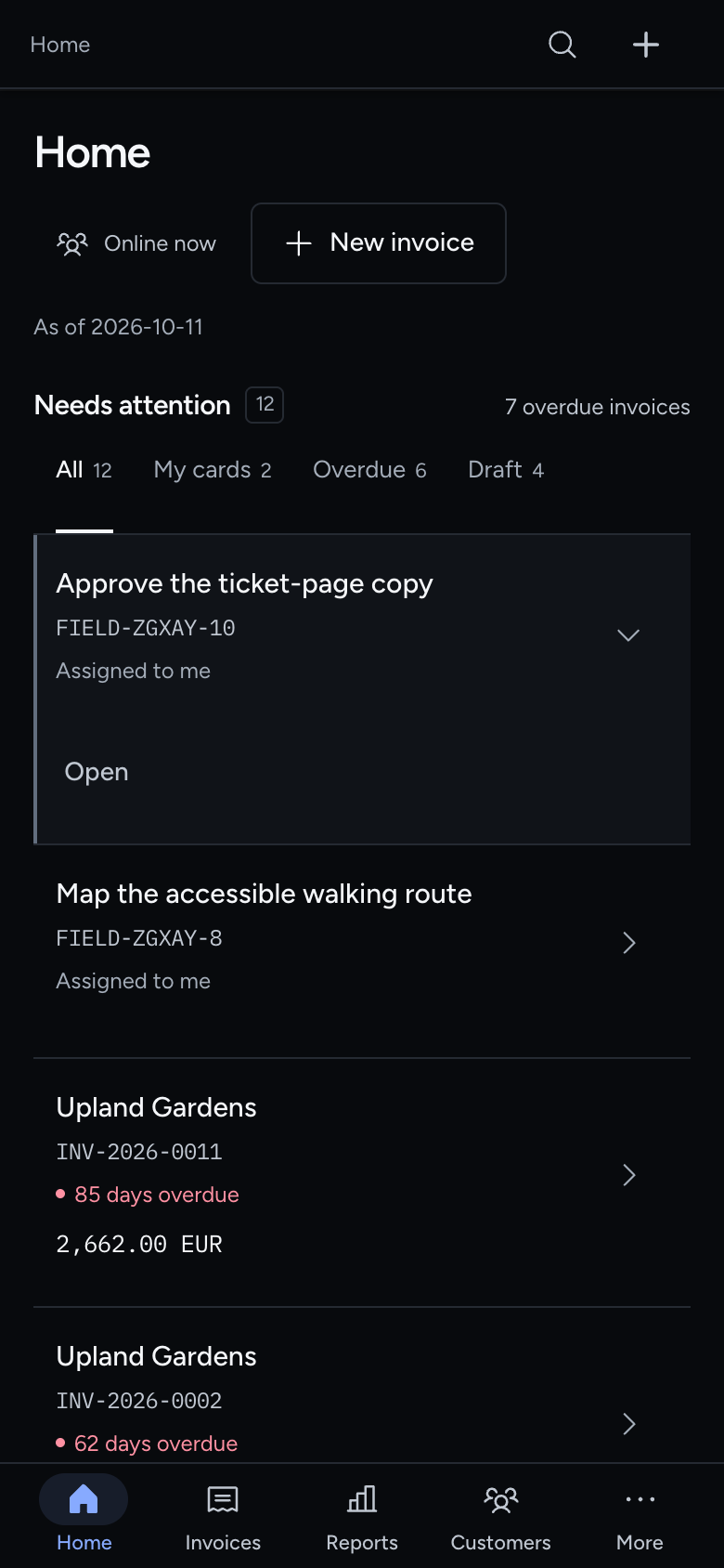 Pepper Home in dark mode on a phone, with assigned cards and invoices that need attention.