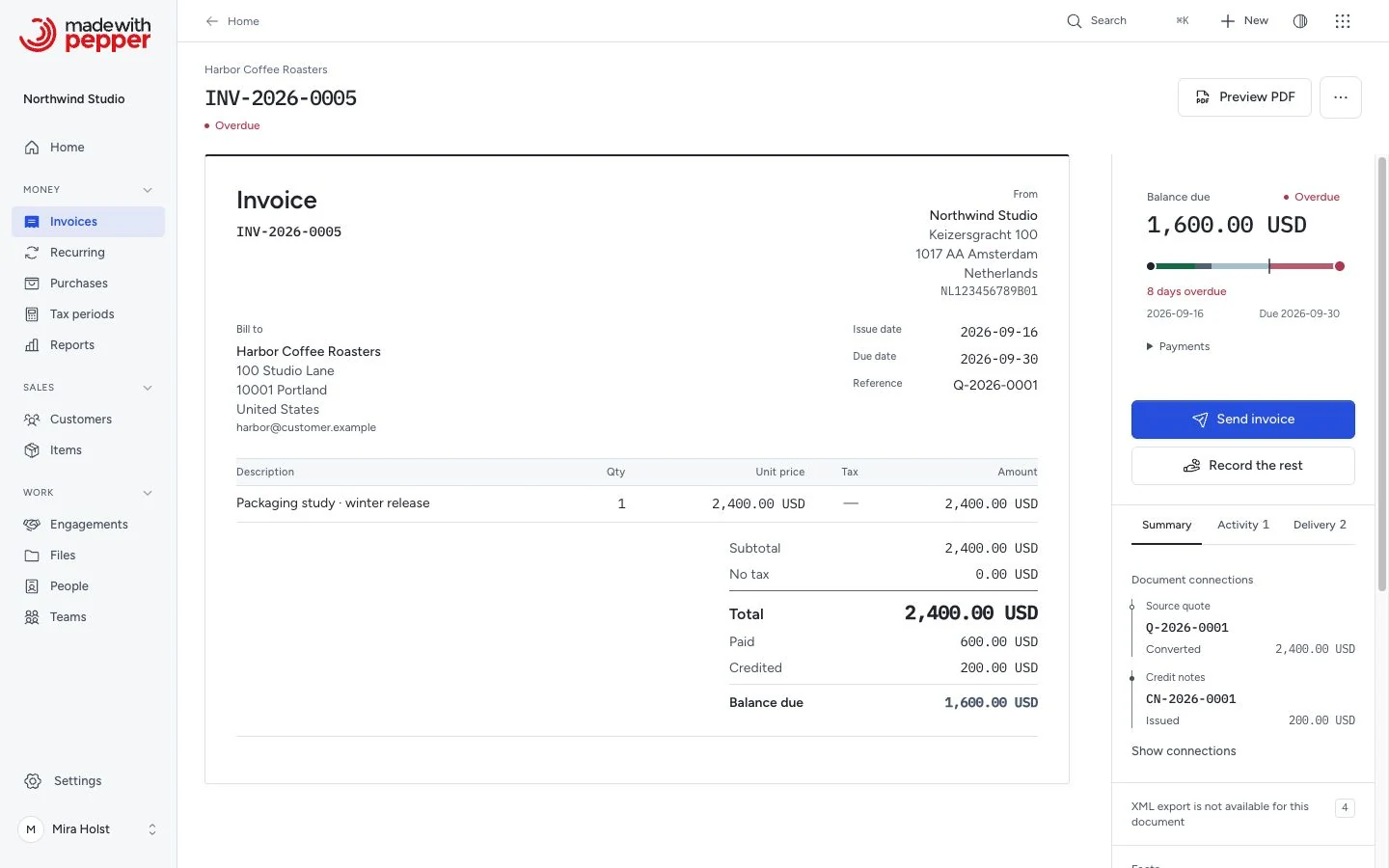 Invoice INV-2026-0005: 2,400.00 USD total, 600.00 paid, 200.00 credited and 1,600.00 due. Its source quote and credit note remain linked.