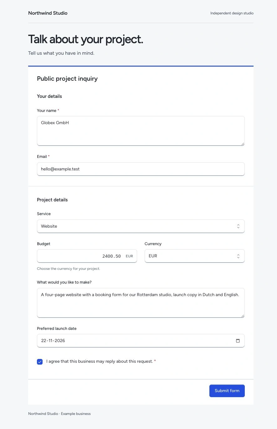 A Pepper enquiry form on Northwind Studio’s own website, filled with a name, email, Website service, budget of 2,400.50 EUR, project brief, preferred launch date and consent.