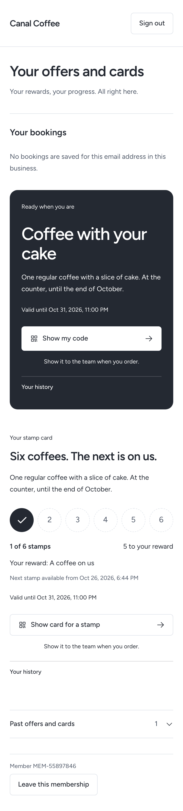 Pulse Studio’s returning customer view with a saved Coffee with your cake offer and one of six stamps collected toward a coffee reward.