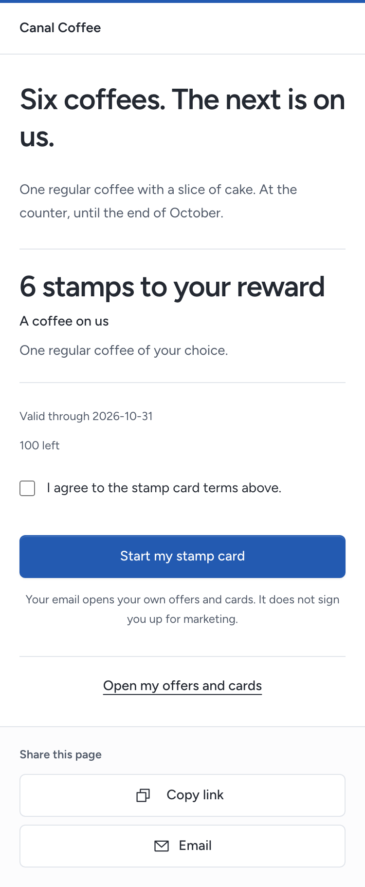Canal Coffee’s public stamp card, Six coffees. The next is on us., with six stamps to a reward and Start my stamp card.