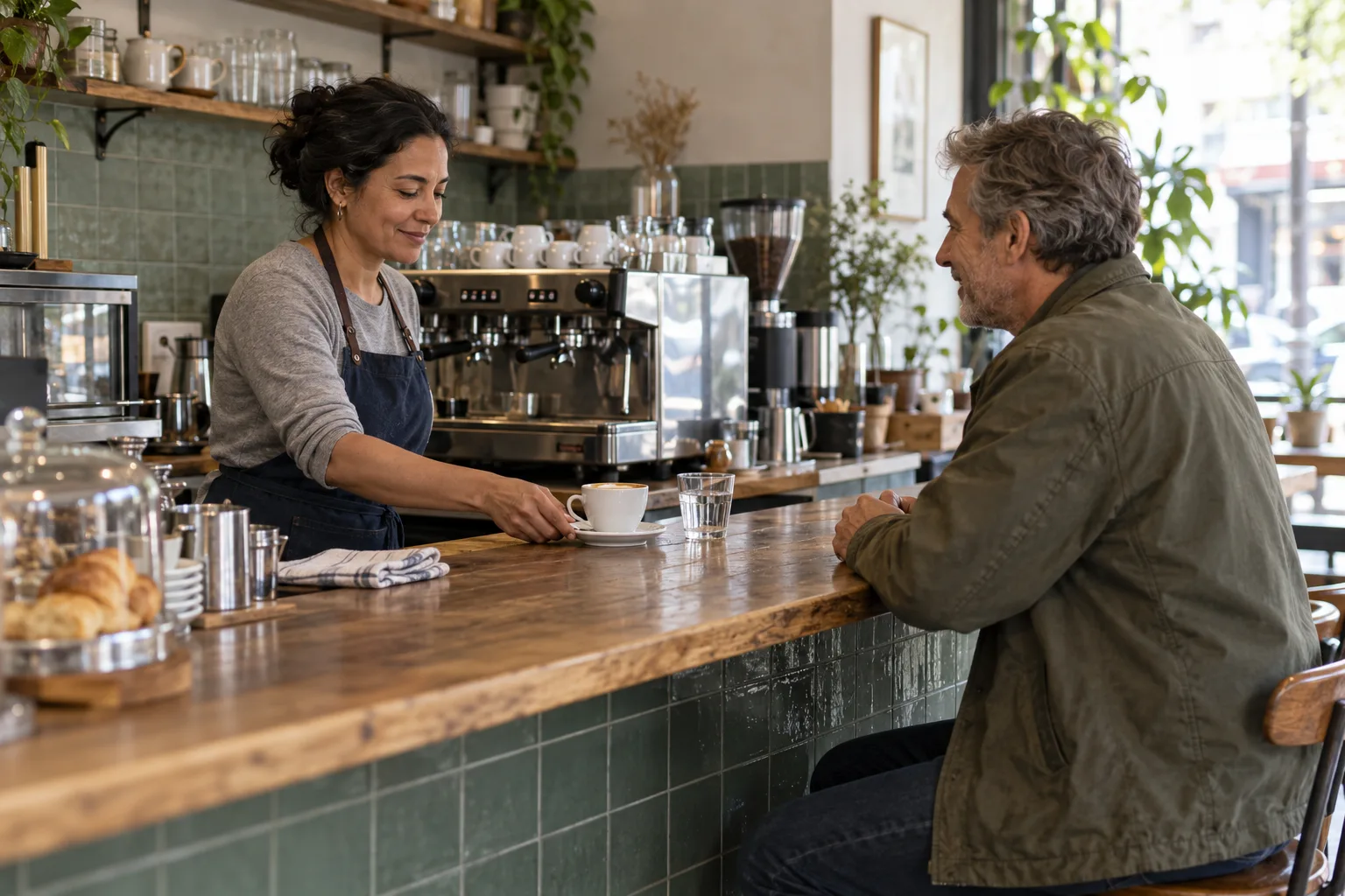 A café owner serves a customer at the counter in natural daylight.