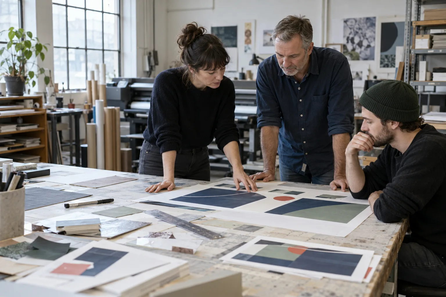 A creative team checks print proofs together in a working studio.