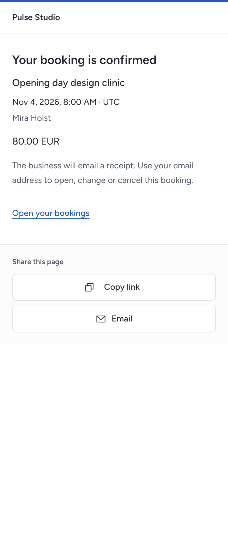 The server confirms the booking with a receipt that makes no payment claim.