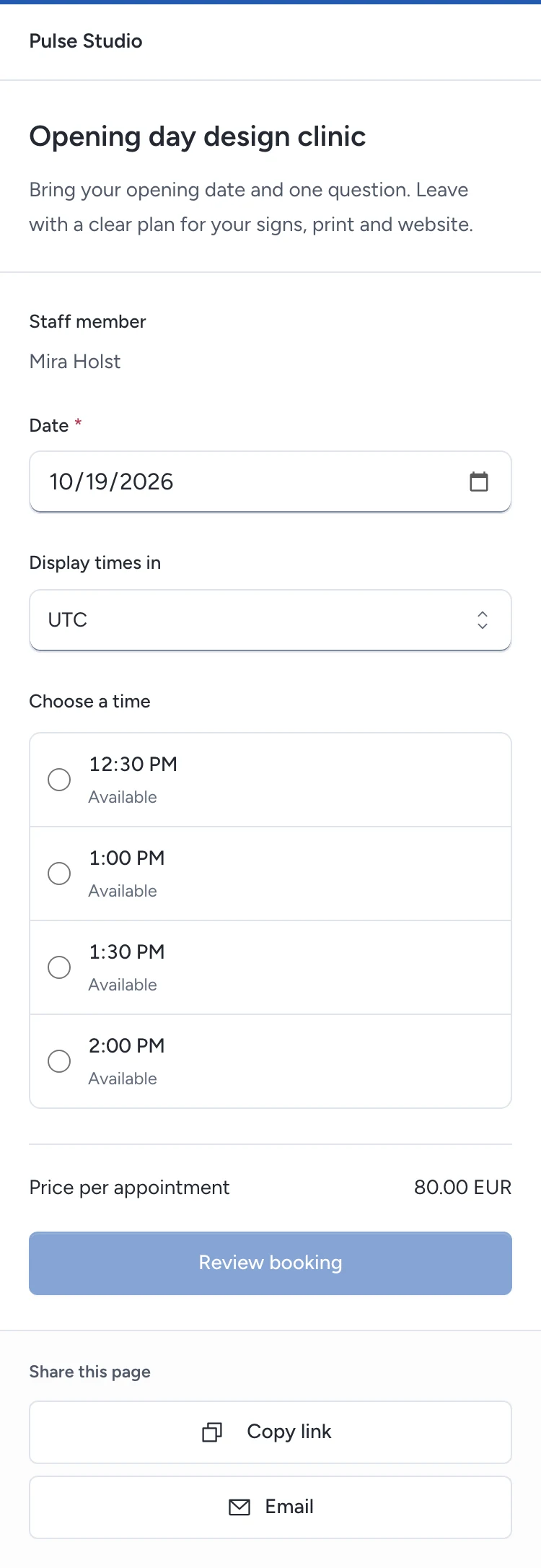 Read the service and choose from its available times or dates.