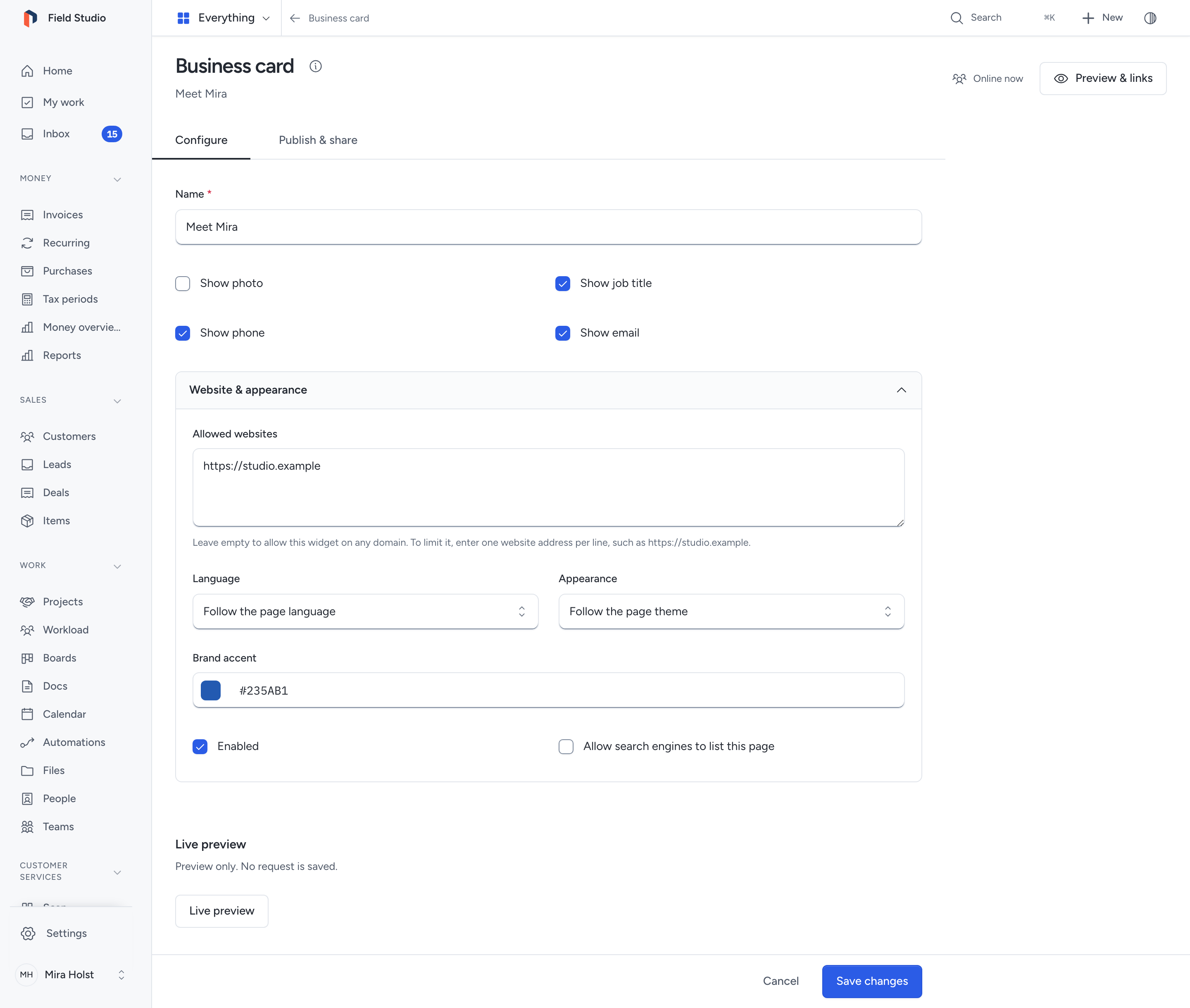 Business card settings with controls for the published photo, job title, phone and email